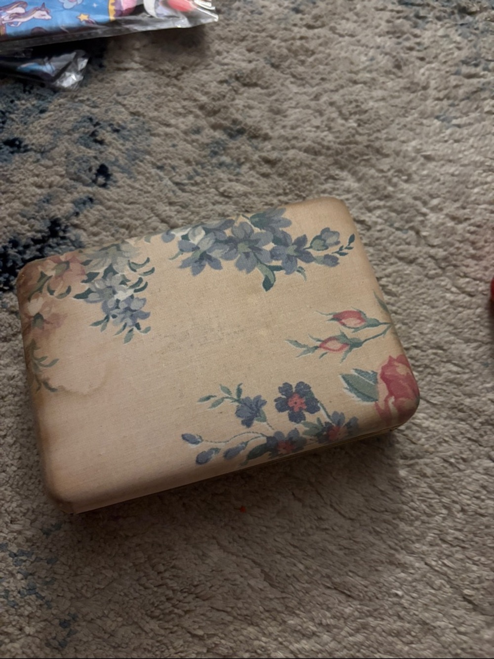 Antique Beige Floral Storage Box with Blue and Pink Accents